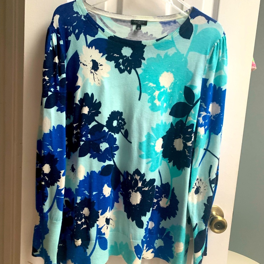TALBOTS Floral Blue and Teal Lightweight Sweater